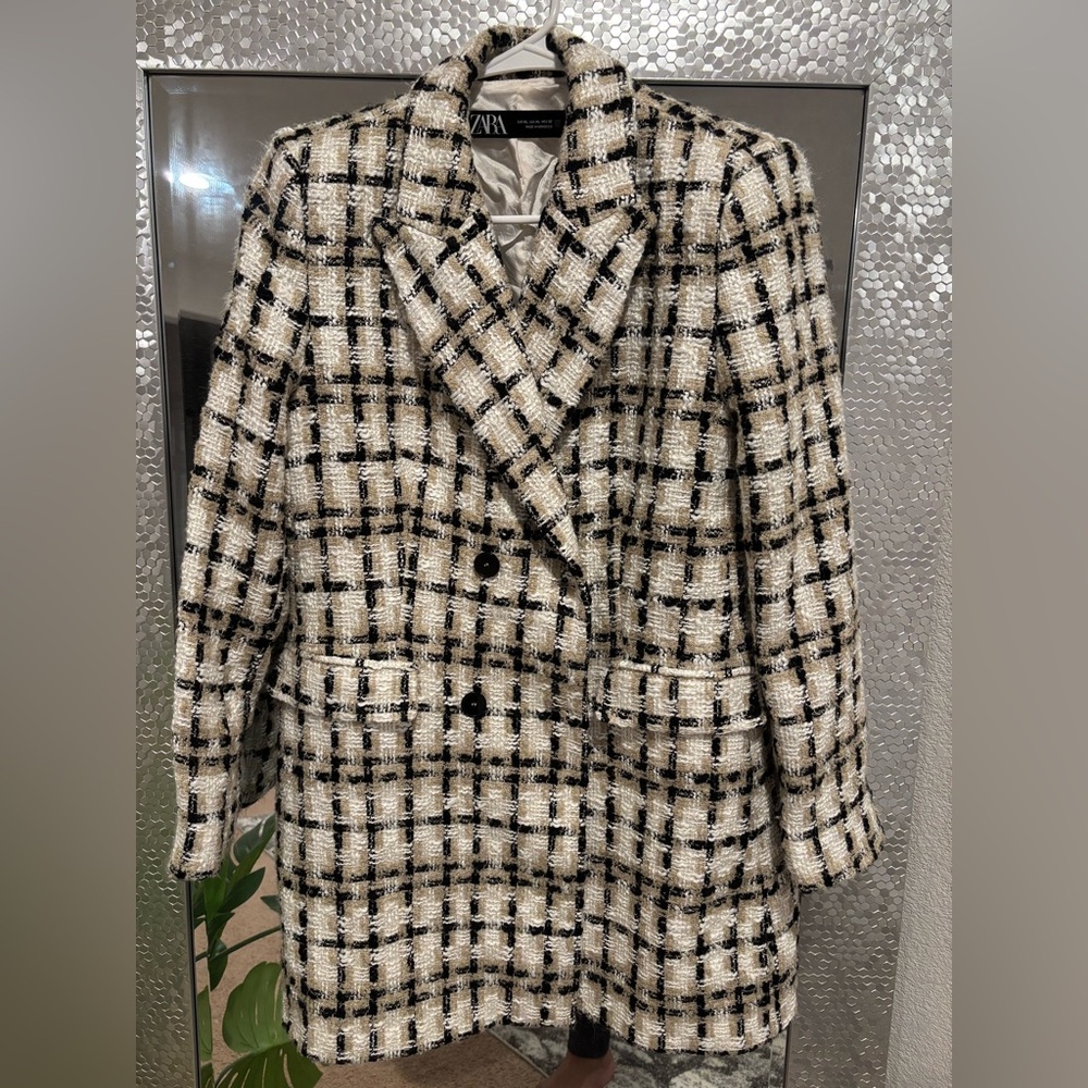 Women’s Zara Double Breasted Tweed Black and Cream Plaid Blazer Jacket, XL
